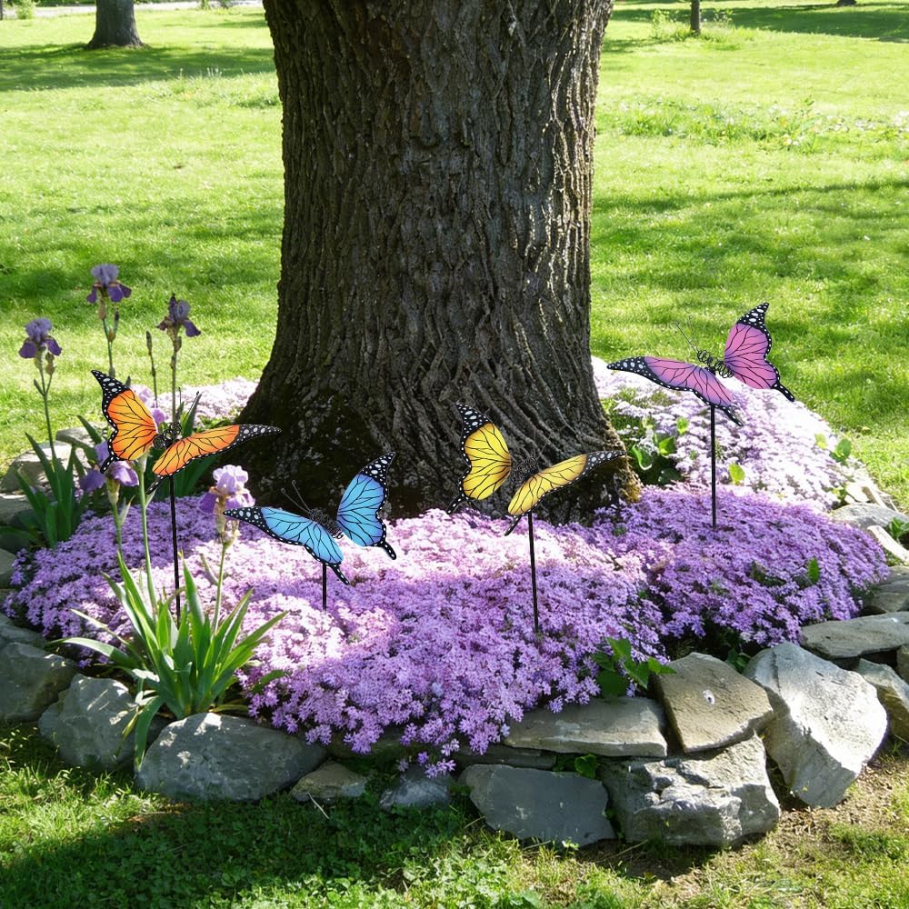 hogardeck Garden Decor for Outside, Set of 4 Metal Butterfly Decorative Garden Stakes for Spring Decor, Yard Art Garden