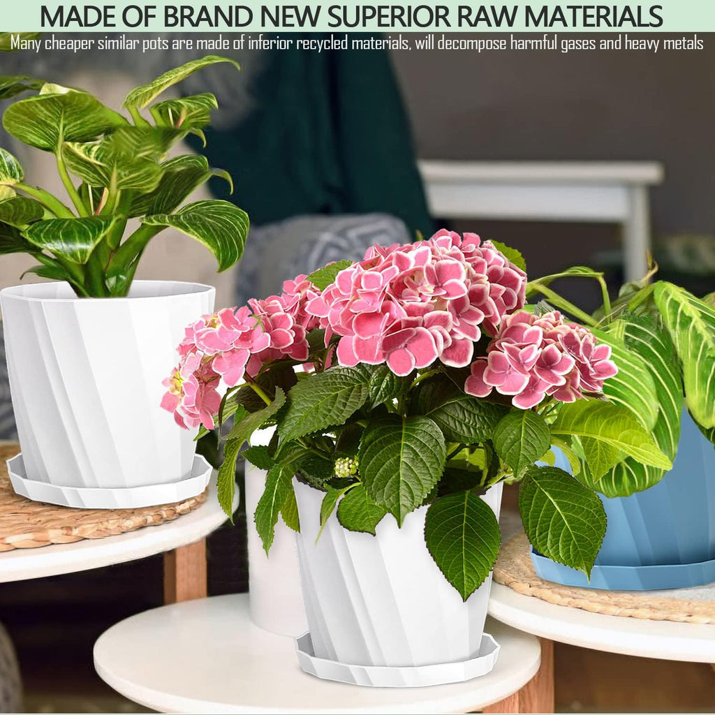 8 Inch Plant Pots with Drainage Holes and Saucers - Flower Pots for Indoor Plants - White Plastic Planters for Outdoor