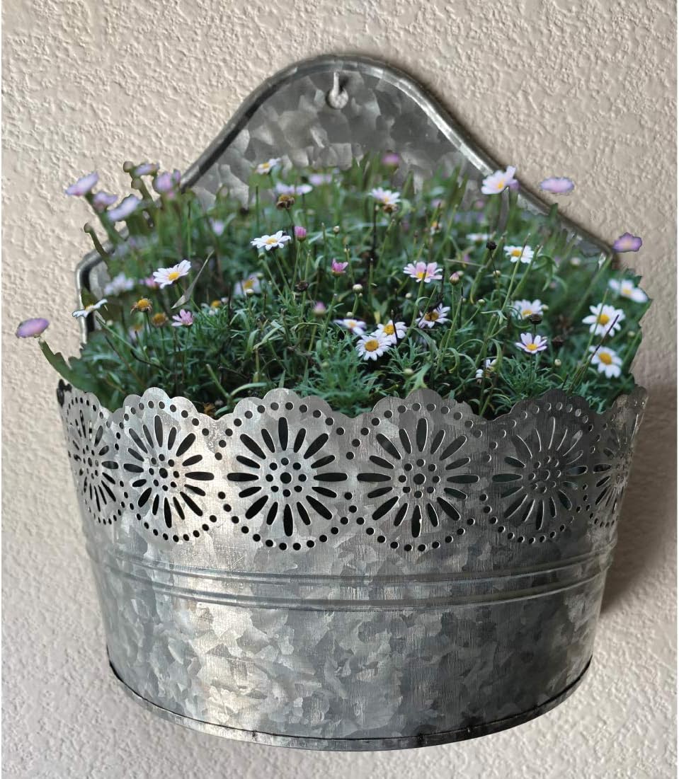 Lily's Home Indoor Outdoor Wall Mounted Planter with Floral Accents for Succulents, Cacti, Herbs, Faux Plants