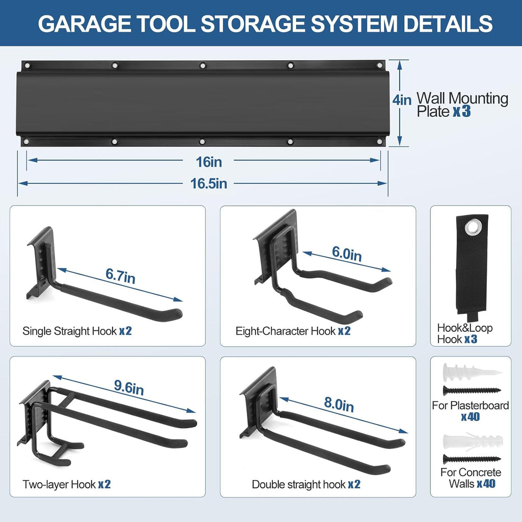 Garage Tool Organizer Wall Mount 49.5", 520lbs Heavy Duty Rack | 11 Adjustable Hooks for Garage Wall Garden & Yard