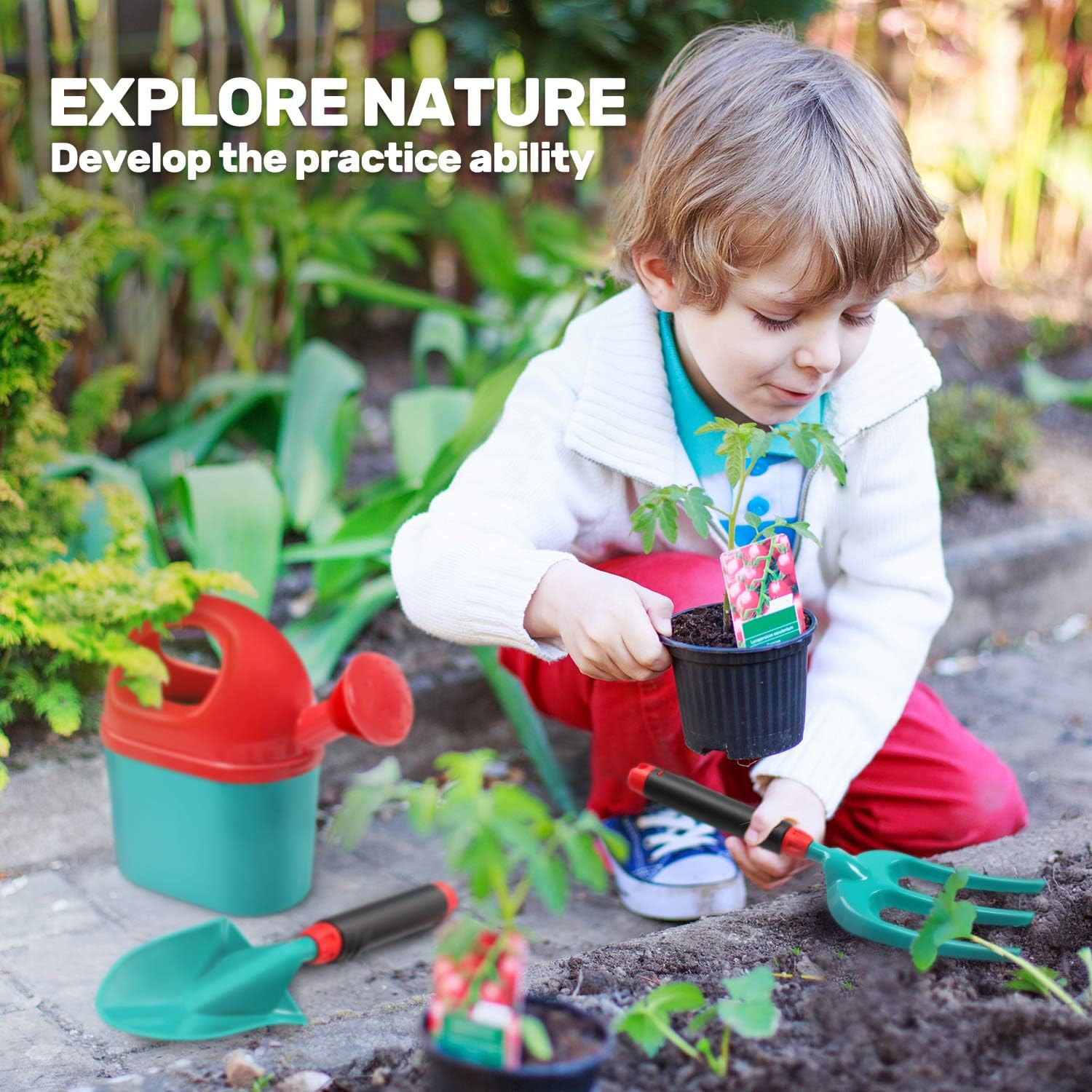 CUTE STONE Kids Gardening Tool Set, Garden Toys with Wheelbarrow, Watering Can, Gardening Gloves, Hand Rake, Shovel