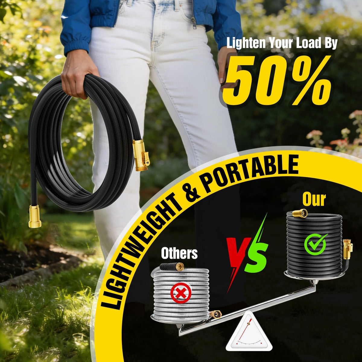 Garden Hose 100 ft Non-Expandable, Flexible Water Hose, Lightweight Hose with 10-Function Nozzle for Yard, Portable
