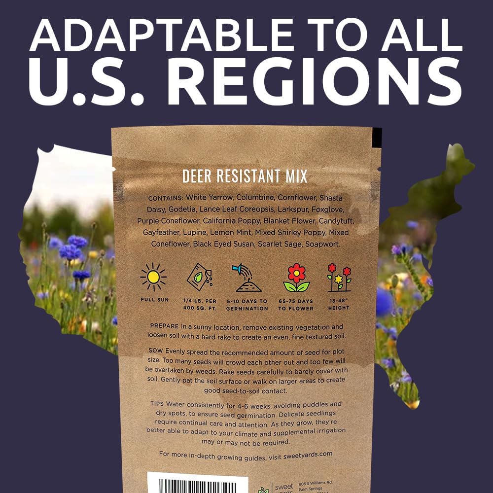Deer Resistant Wildflower Seed Mixture - Bulk 1/4 Pound Bag - Over 60,000 Deer Tolerant Seeds - Open Pollinated and Non