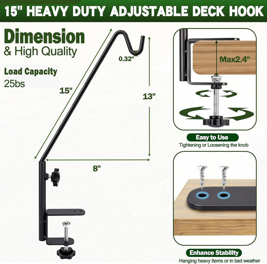 15 Inch Deck Hooks Hanger for Railing 2 PCS, 360° Swivel Adjustable | Heavy Duty Solid Shepherds Hooks for Outdoor