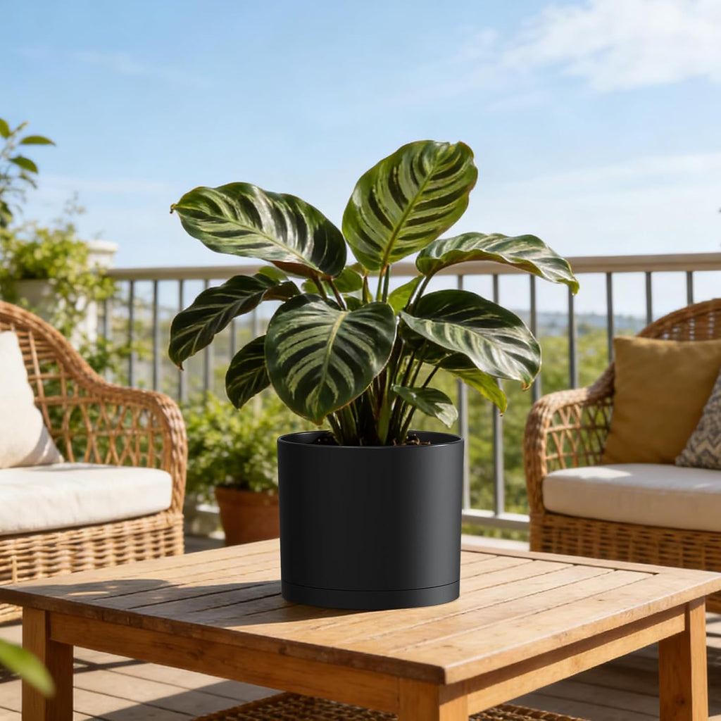 Plant Pots, 10/9/8 Inch 3 Pack Cylindrical Flower Pots with Drainage Holes and Saucers, Plastic Planters for Outdoor