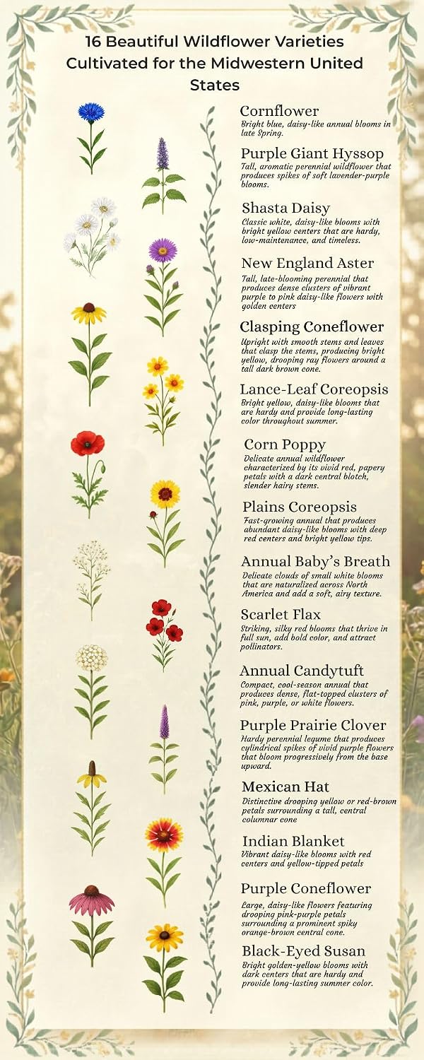 Indiana Bulk Perennial and Annual Wildflower Seed Mix 1/4lb Covers 500sq-ft - Attract Pollinators, Multi-Color Non-GMO