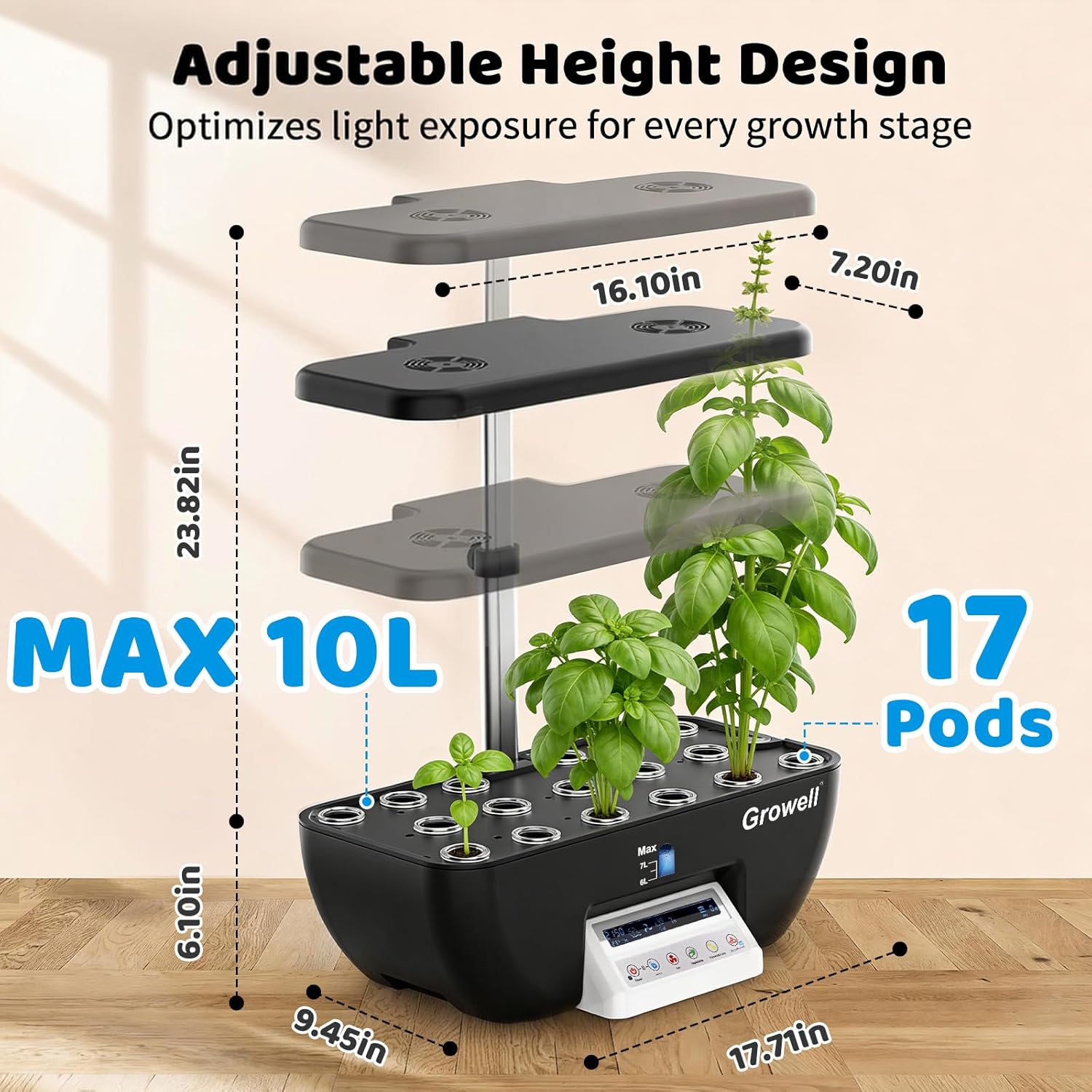 Growell 17 Pods Hydroponics Growing System Kit, Indoor Garden with 2 Fans | for Airflow & Anti-Mold, LED Grow Light