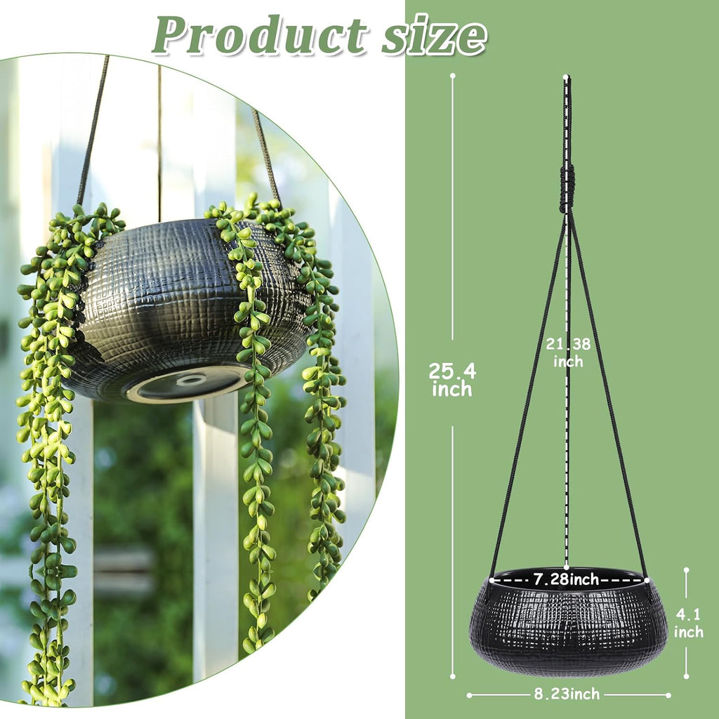 8 Inch Hanging Planter for Indoor Plant, Ceramic Black Flower Pot | Modern Textured Design, Drainage Hole, for Indoor