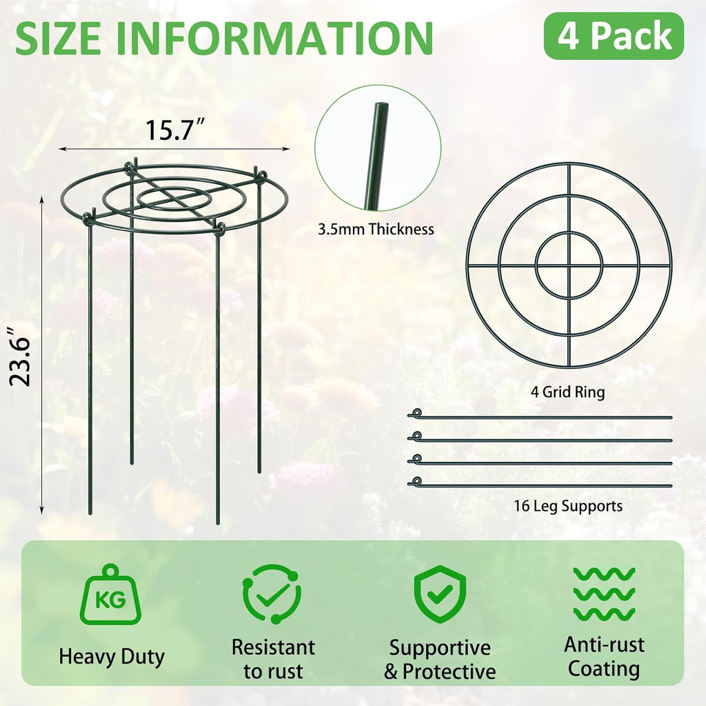 Pelopy 4 Pack Large Peony Cages and Supports 23.6"h x 15.7"d Heavy Duty Plant Support for Outdoor Plants, Meatl Peony