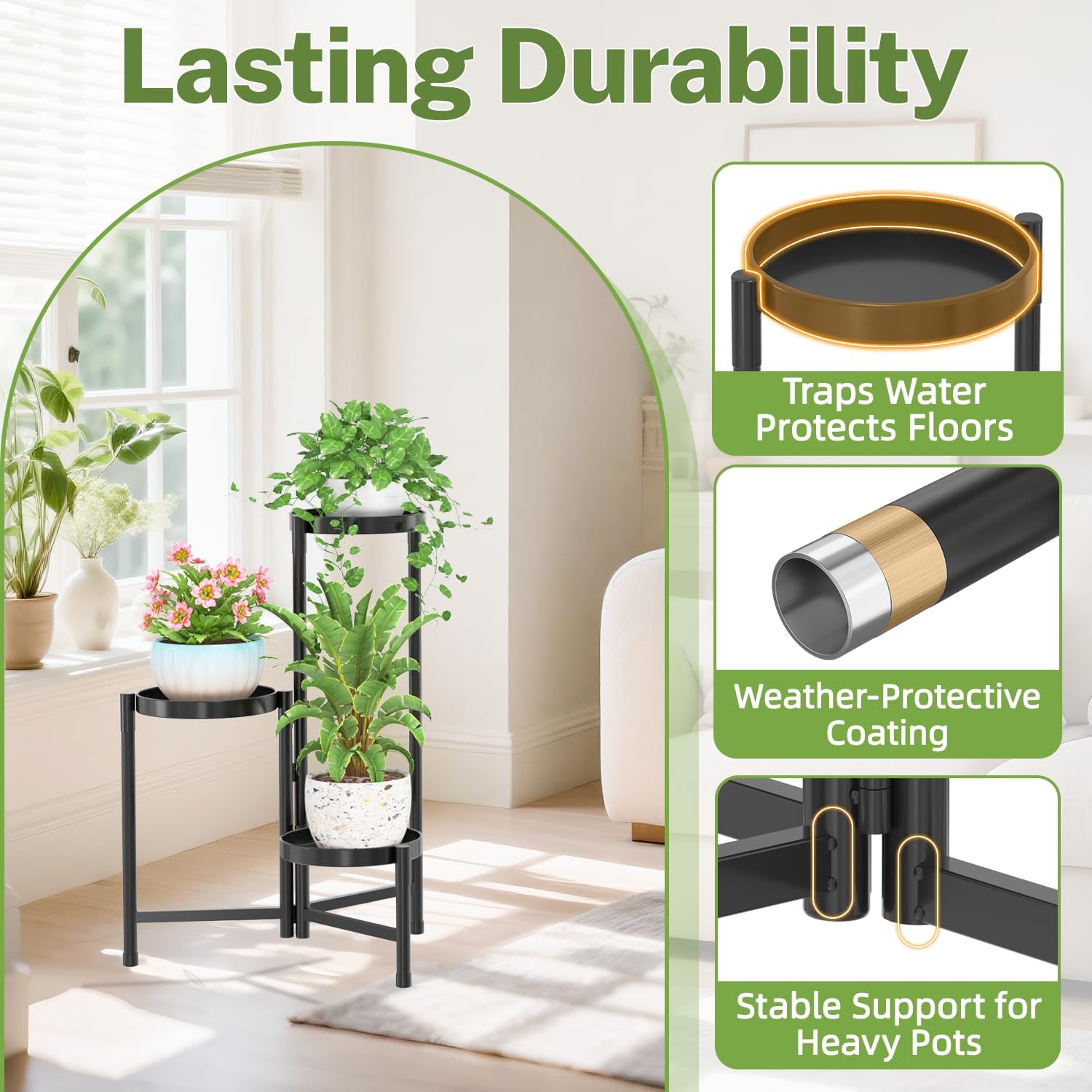 iDavosic.ly Plant Stand Indoor Outdoor, 3 Tier Metal Corner Shelf, Black | Tiered Flower Display Holder, Folding Multi