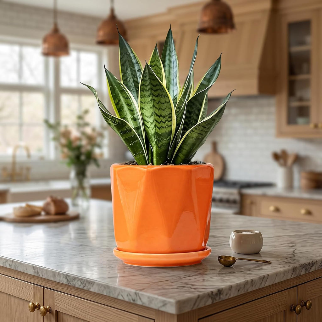 Ceramic Plant Pots Set of 3, Indoor Planter with Drainage Holes and Saucers | Orange Flower Pots for Indoor Plants