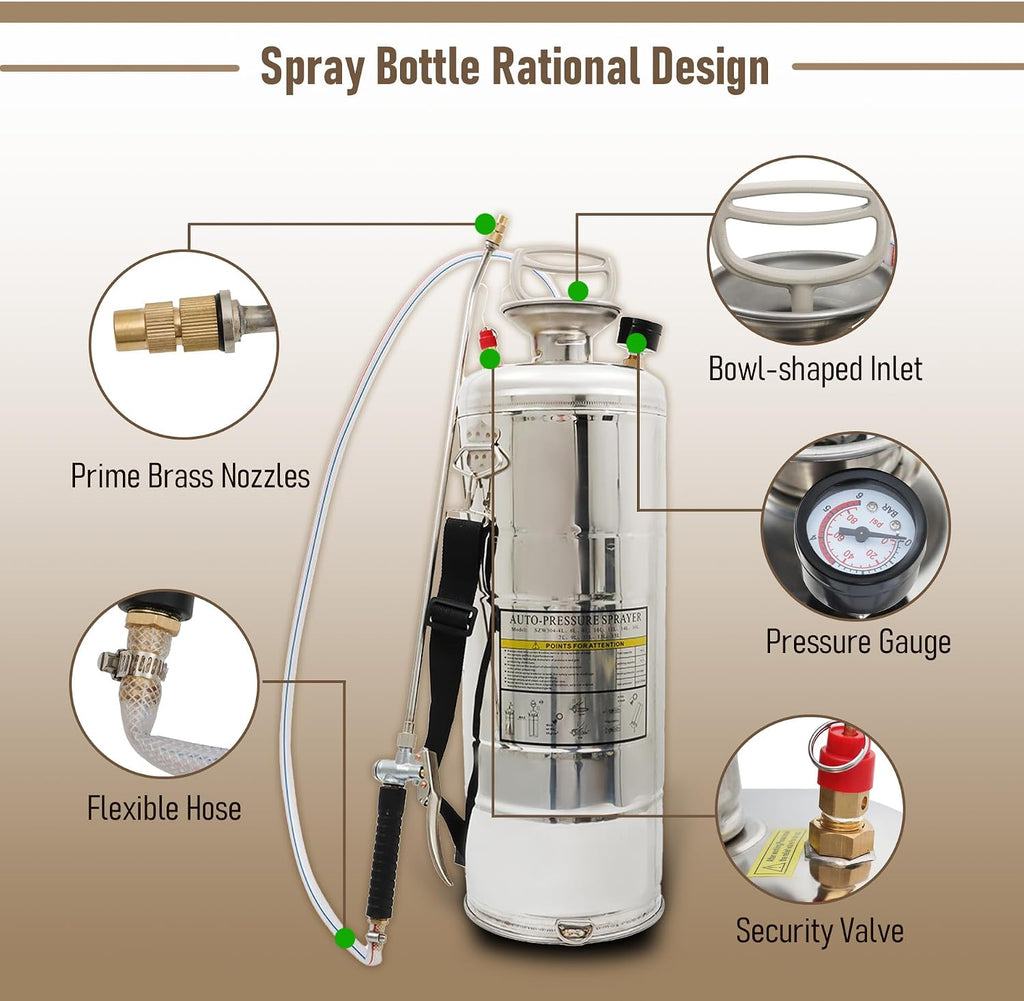 1 Gallon Stainless Steel Sprayer, 12 Wand & 3FT Reinforced Hose, Heavy Duty Hand Pump Sprayer with Pressure Gauge