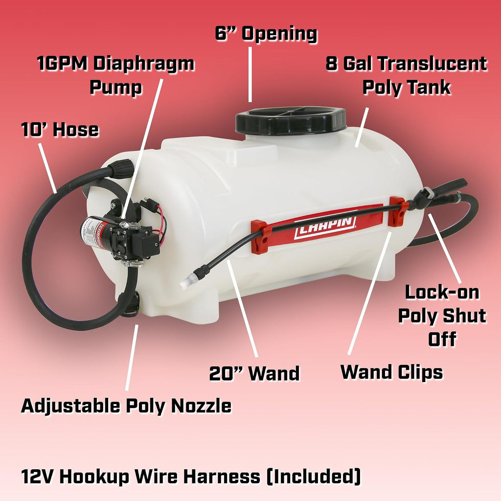 Chapin 8-Gallon ATV Spot Sprayer, 12V Pump for Easy Spraying | Heavy-duty chemical-resistant poly tank; double