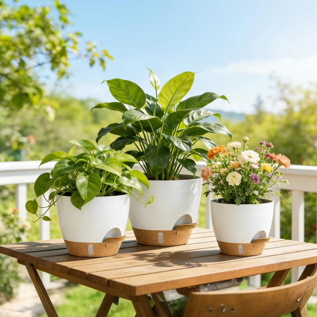 Plant Pots, 4 Pack 12/10/9/8 Inch Self Watering Pots with Drainage Holes, Water Level Indicator Deep Reservoir, Large