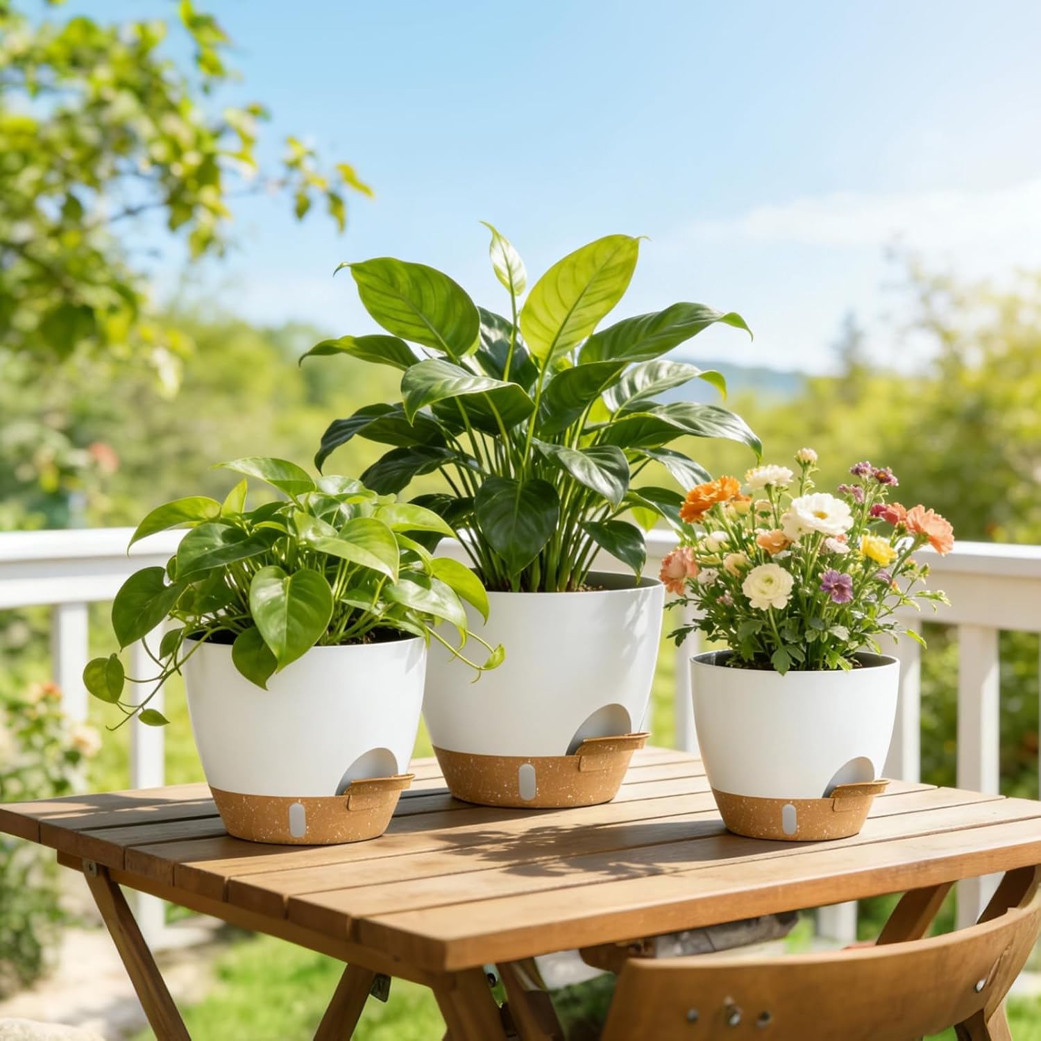 Plant Pots, 4 Pack 12/10/9/8 Inch Self Watering Pots with Drainage Holes, Water Level Indicator Deep Reservoir, Large
