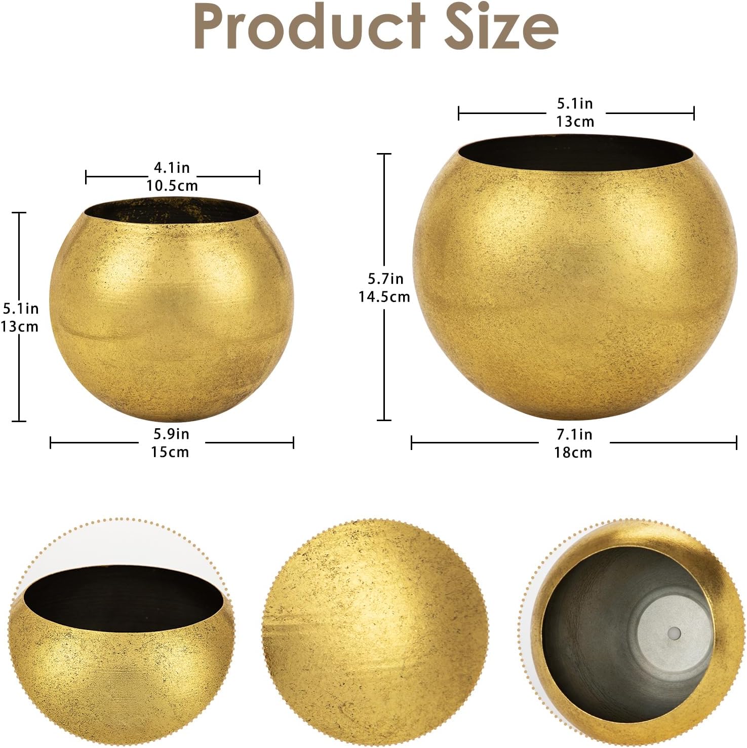 Oairse Round Gold Metal Flower Pots - 2 PCS Galvanized Planters with Drainage Hole Farmhouse Rustic Garden Rustproof