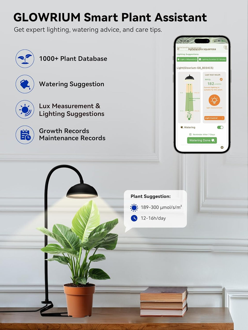 Smart Grow Lights for Indoor Plants,Full Spectrum Desk Plant Light | 10W Plant Lights with Bluetooth App Control