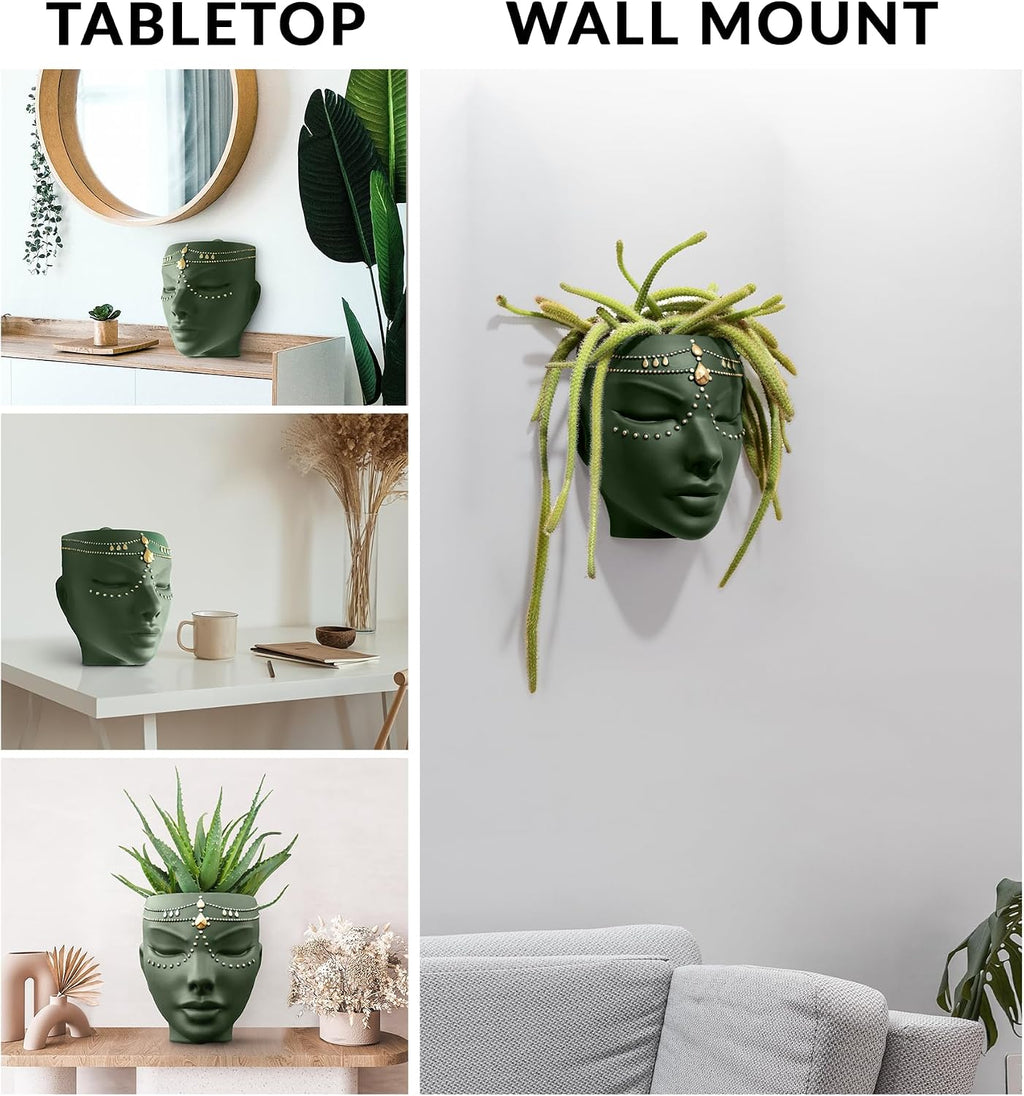Head Planter - Indoor & Outdoor Home Decor Gifts for Plant Lovers - for Flat Surface or Wall Mount - Unique Face
