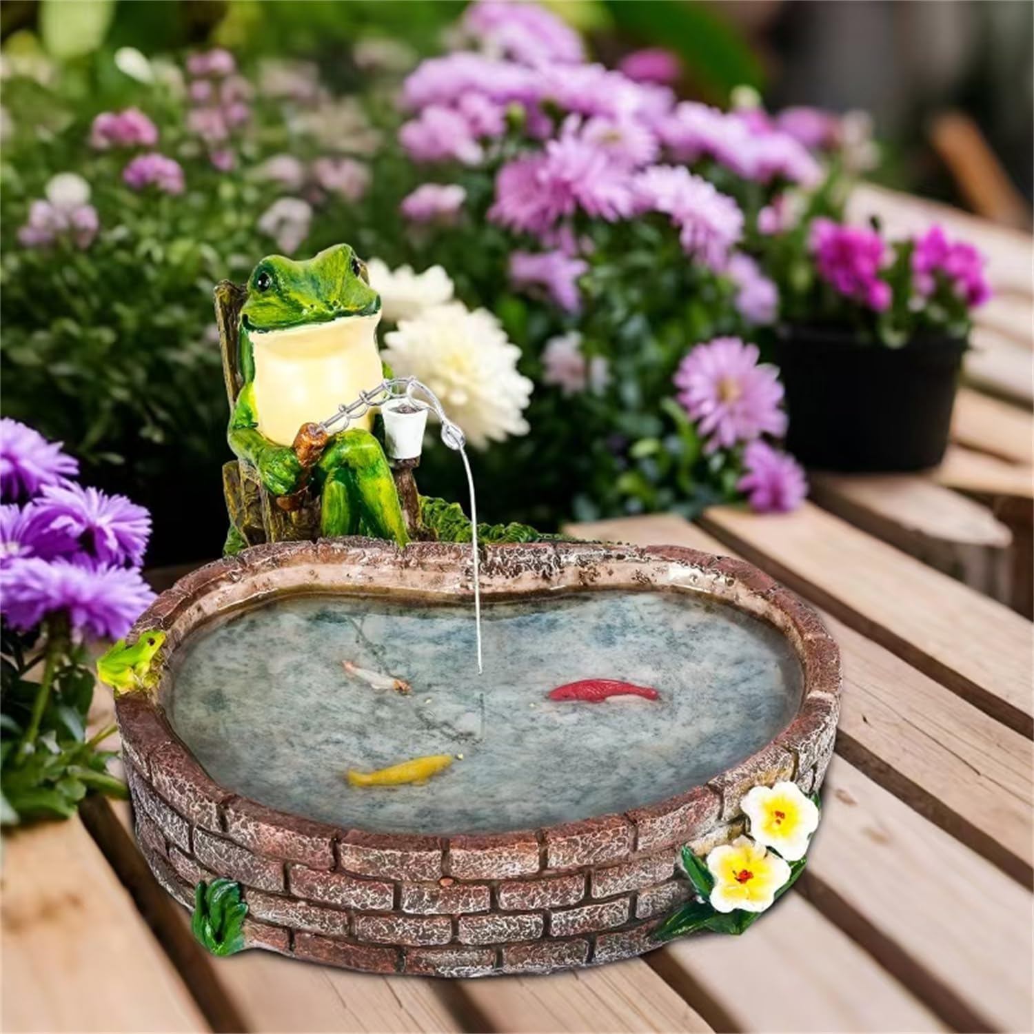 Solar Frog Fishing Statue Frog Garden Decor Lawn Ornament | Made Of Weather-Resistant Resin，Solar-Powered Led-Lit Fish