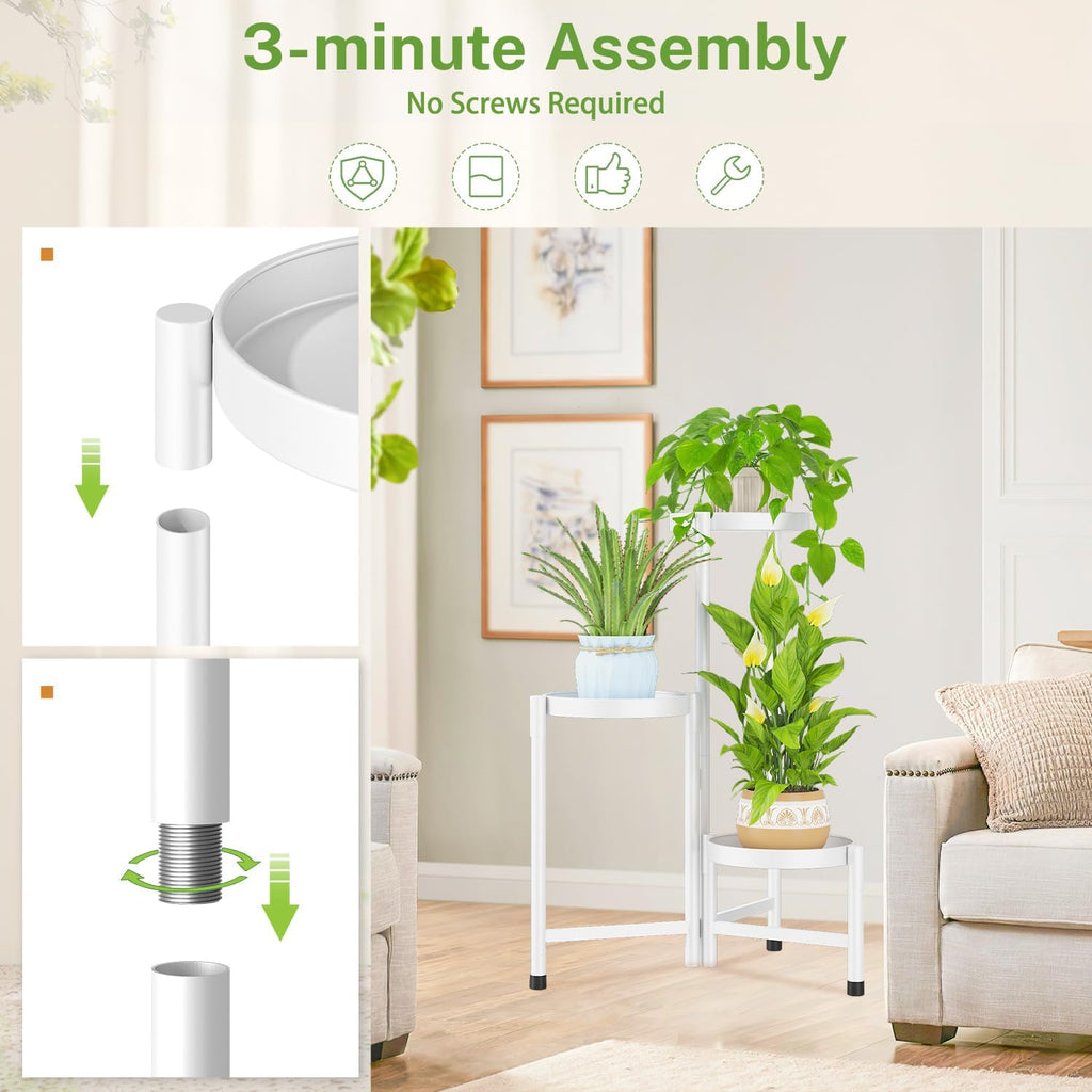 iDavosic.ly Plant Stand Indoor Outdoor, 3 Tier Metal Corner Shelf, White | Tiered Flower Display Holder, Folding Multi