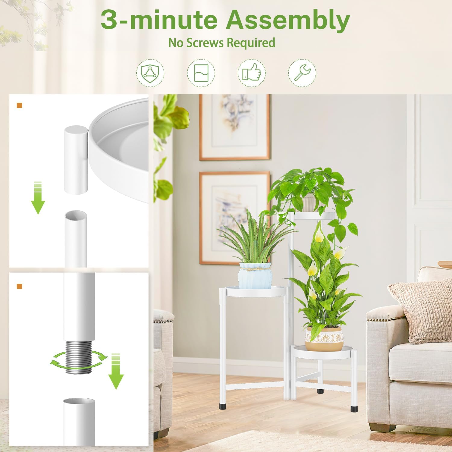 iDavosic.ly Plant Stand Indoor Outdoor, 3 Tier Metal Corner Shelf, White | Tiered Flower Display Holder, Folding Multi