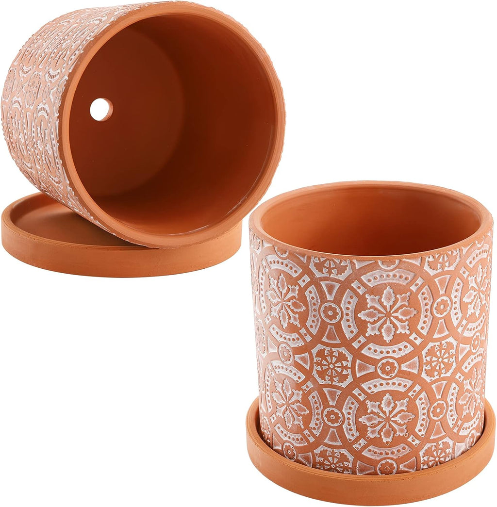 2 Pack Terracotta Plant Pot, 5'' Red Clay Planter Pot with Boho Flower Pattern, Ceramic Cactus Flower Planter Succulent
