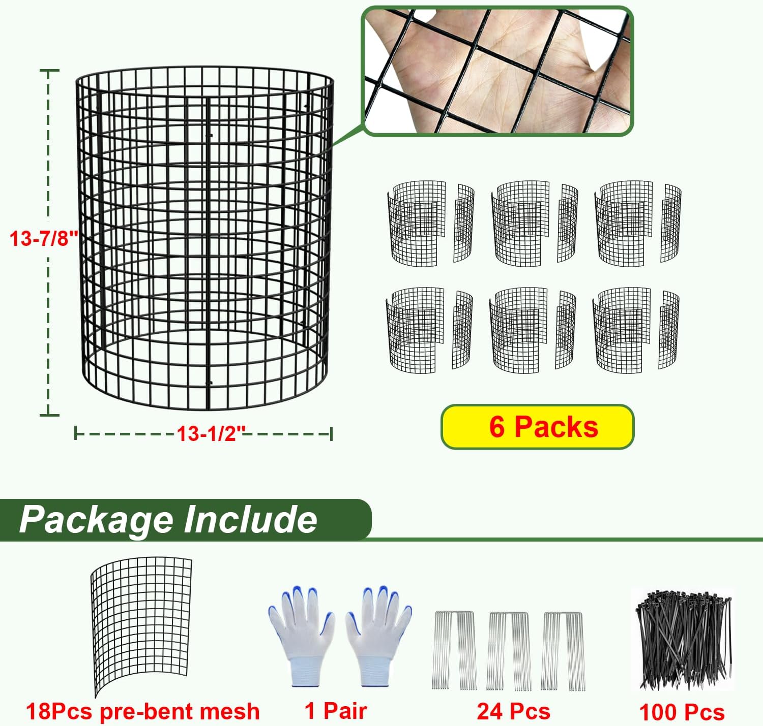 6 Pack Plant Protector from Animals, 13.5" Dia x 14" H Wire Plant Protectors, 18pcs Pre-Bent Metal Mesh to Keep Animals