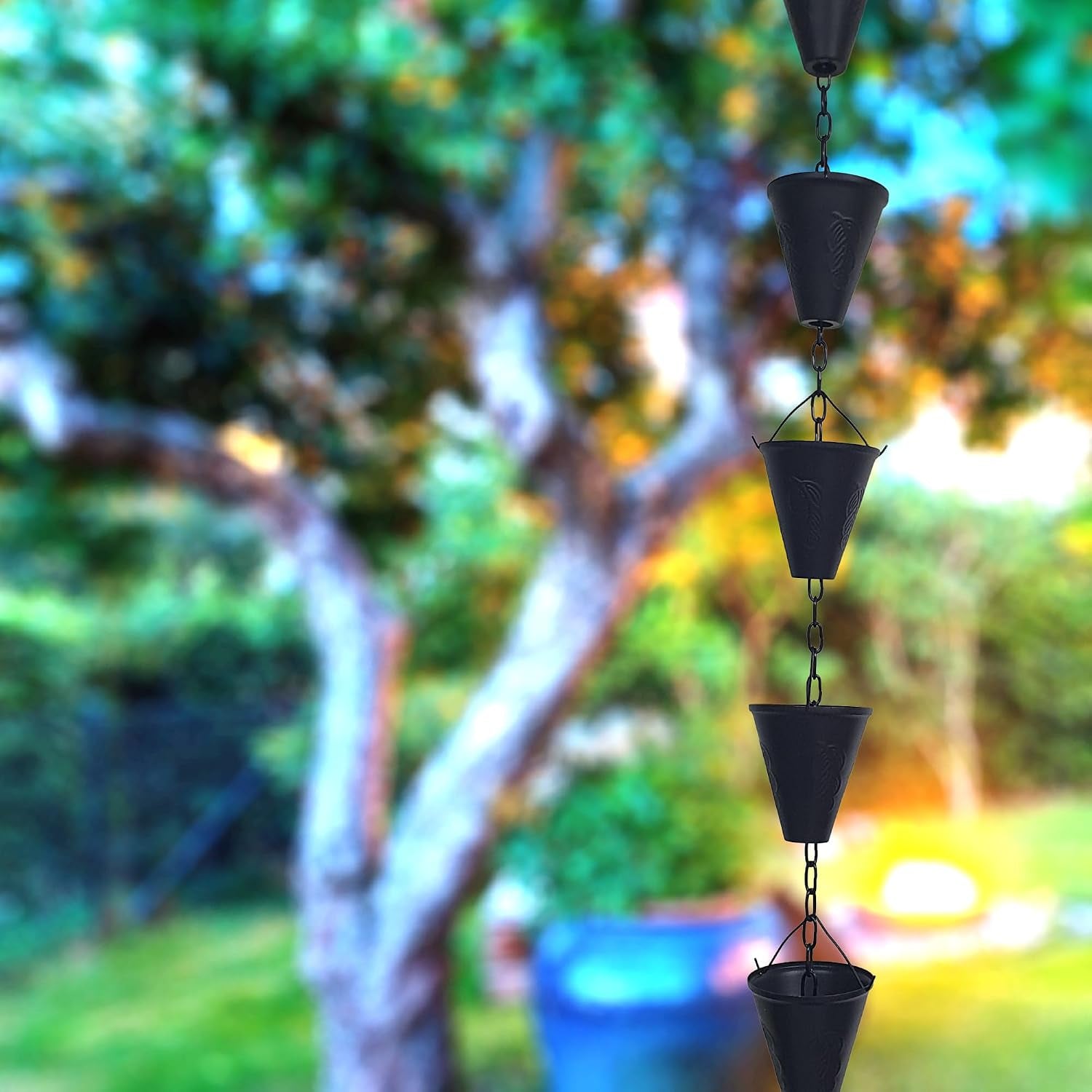 8.5FT Cone Iron Rain Chain for Gutters and Rain Barrel+Adapter, Black | Rain Chains for Downspout, Rust-Prevent Plated