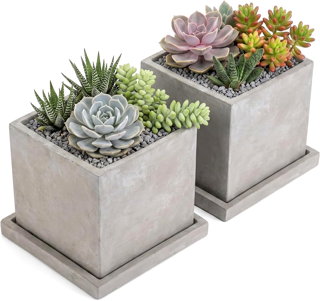 MyGift 5-Inch Square Gray Cement Plant Pot with Drainage, Small Flower Succulent Planters with Removable Saucer Trays