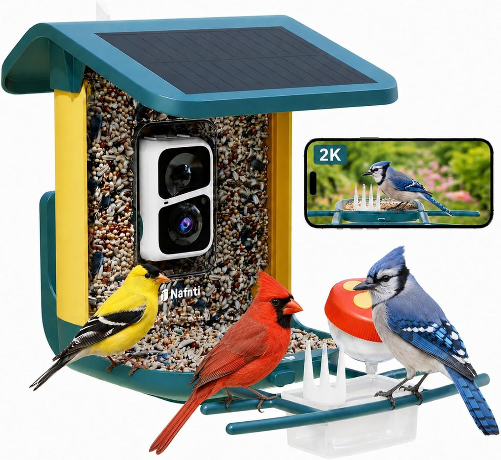 Smart Bird Feeder with Camera Solar Powered & AI Bi rd Identification, 2.4Ghz WiFi Bird feeders for Outdoors, 2K Live Video, Instant Arrival Alerts - Gifts for Women