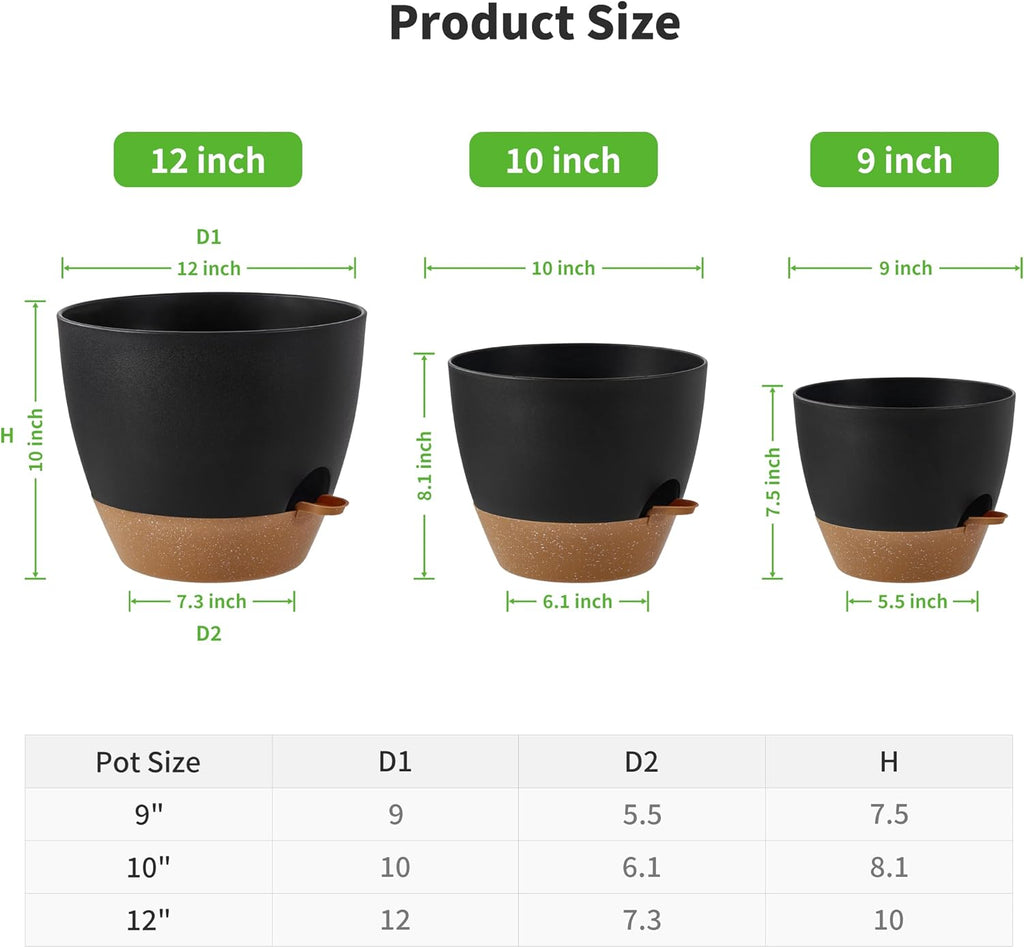 FaithLand 3-Pack Large Planter Pots, 12 10 9 Inch Self Watering Flower Pots for Indoor Outdoor Garden Plants, Black