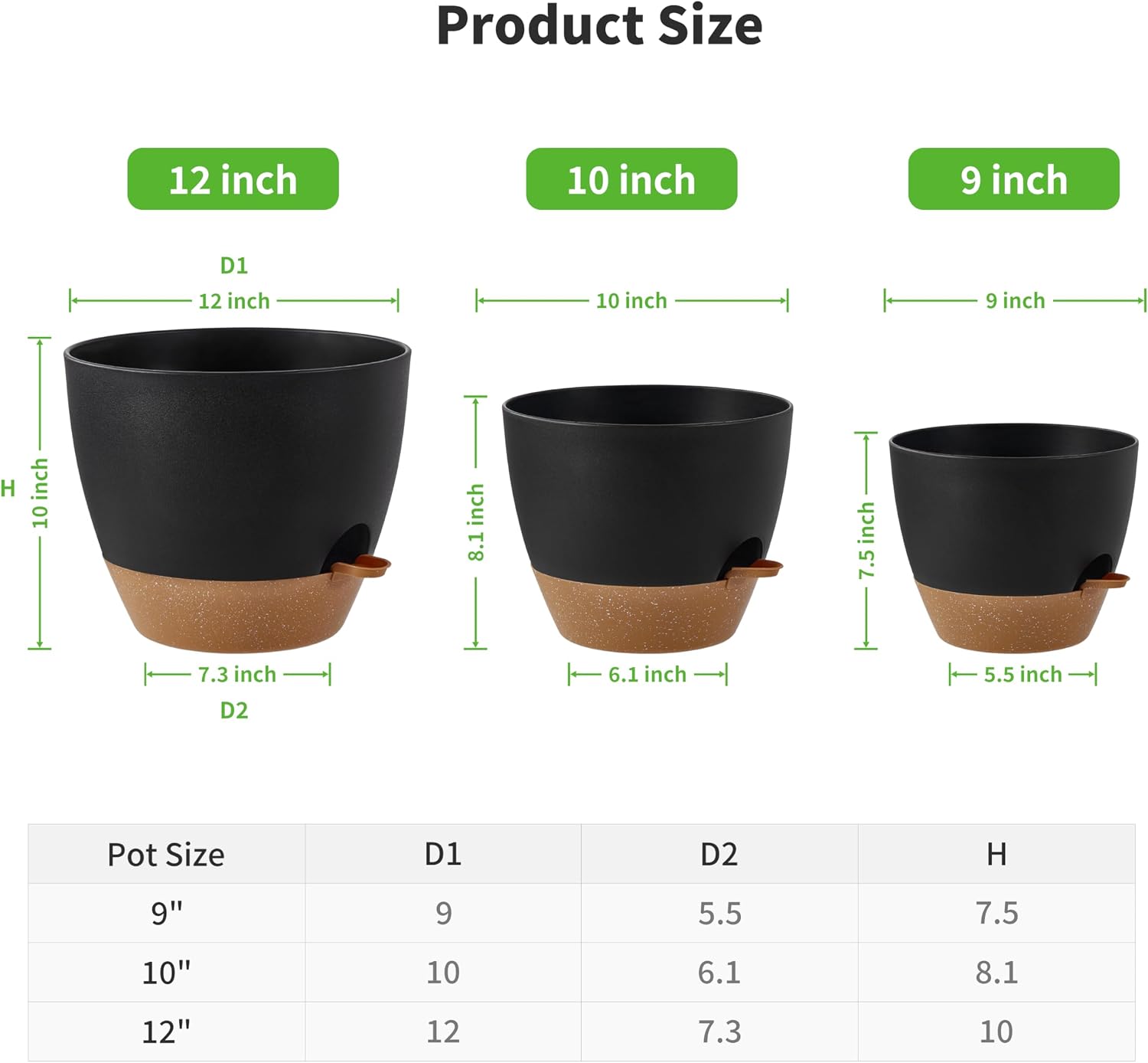 FaithLand 3-Pack Large Planter Pots, 12 10 9 Inch Self Watering Flower Pots for Indoor Outdoor Garden Plants, Black