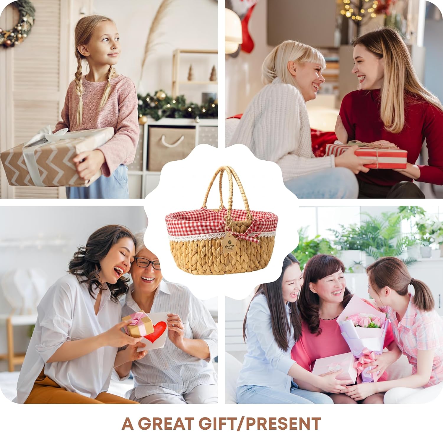 Wicker Basket with Handles and Lining, Handwoven Water Hyacinth Picnic Hamper, Oval Basket for Camping, Outdoor, Fruit
