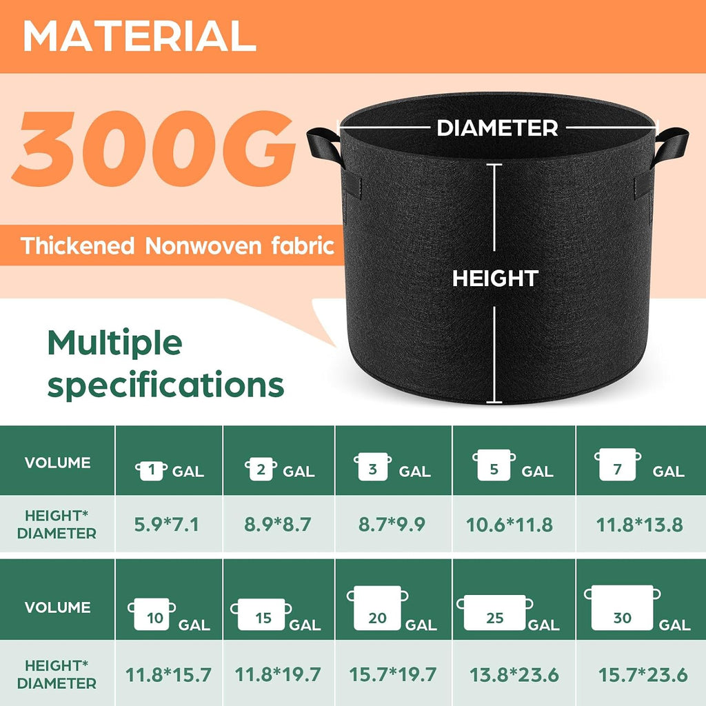 Jorvila 5-Pack 30 Gallon Grow Bags | Thickened Nonwoven Fabric Pots, Garden Grow Bags with Handles, Heavy Duty 300G