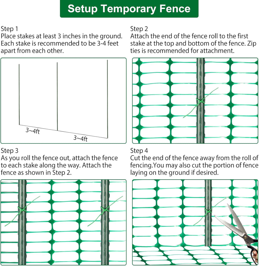 Safety Fence Plastic Mesh Fencing Roll,1 Roll with 25 Steel Stakes | Temporary Reusable Netting for Pool Fence, Garden