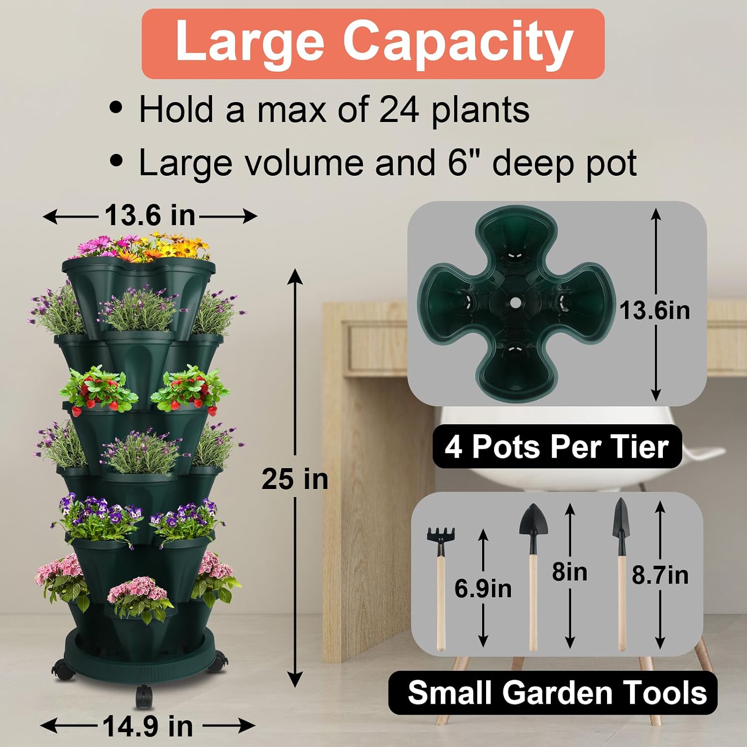 DUNCHATY Stackable Planter, Vertical Strawberry Planter with Garen Tool Set, Self Watering Garden Planter