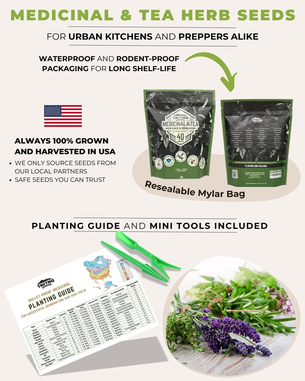 Tactiko Medicinal & Tea Herb Seeds Kit | 40 Varieties | Non-GMO | US Grown