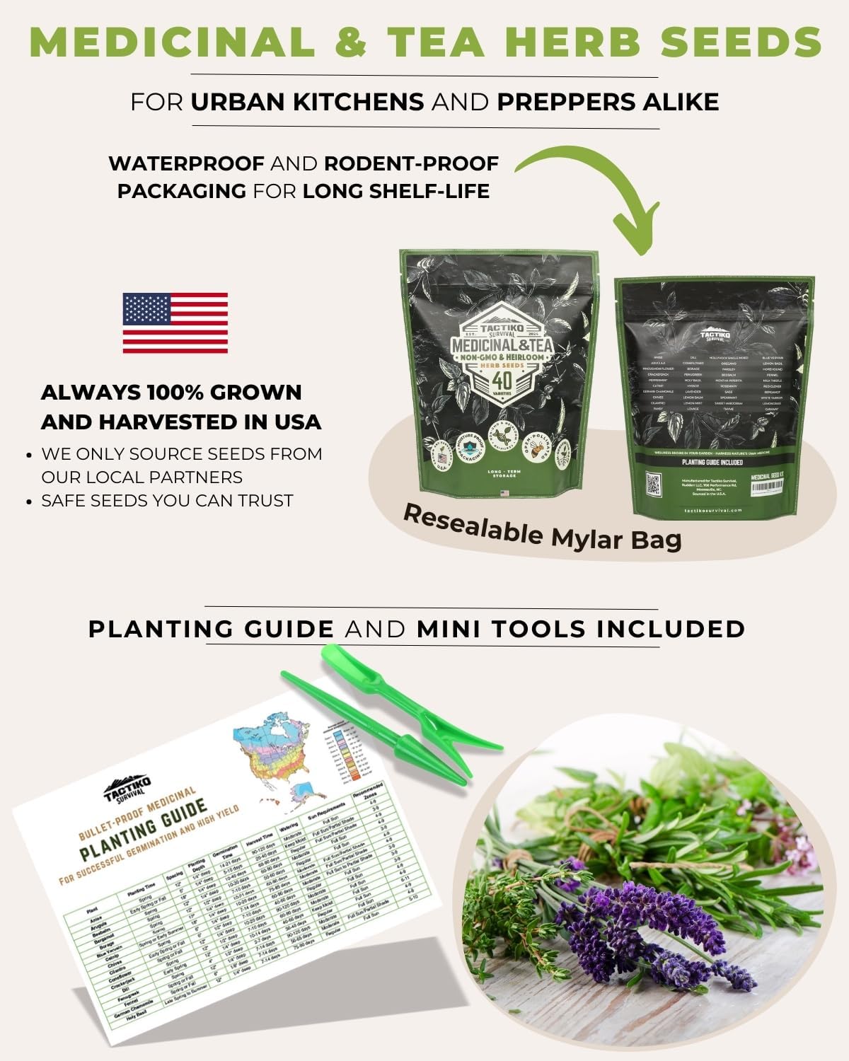 Tactiko Medicinal & Tea Herb Seeds Kit | 40 Varieties | Non-GMO | US Grown