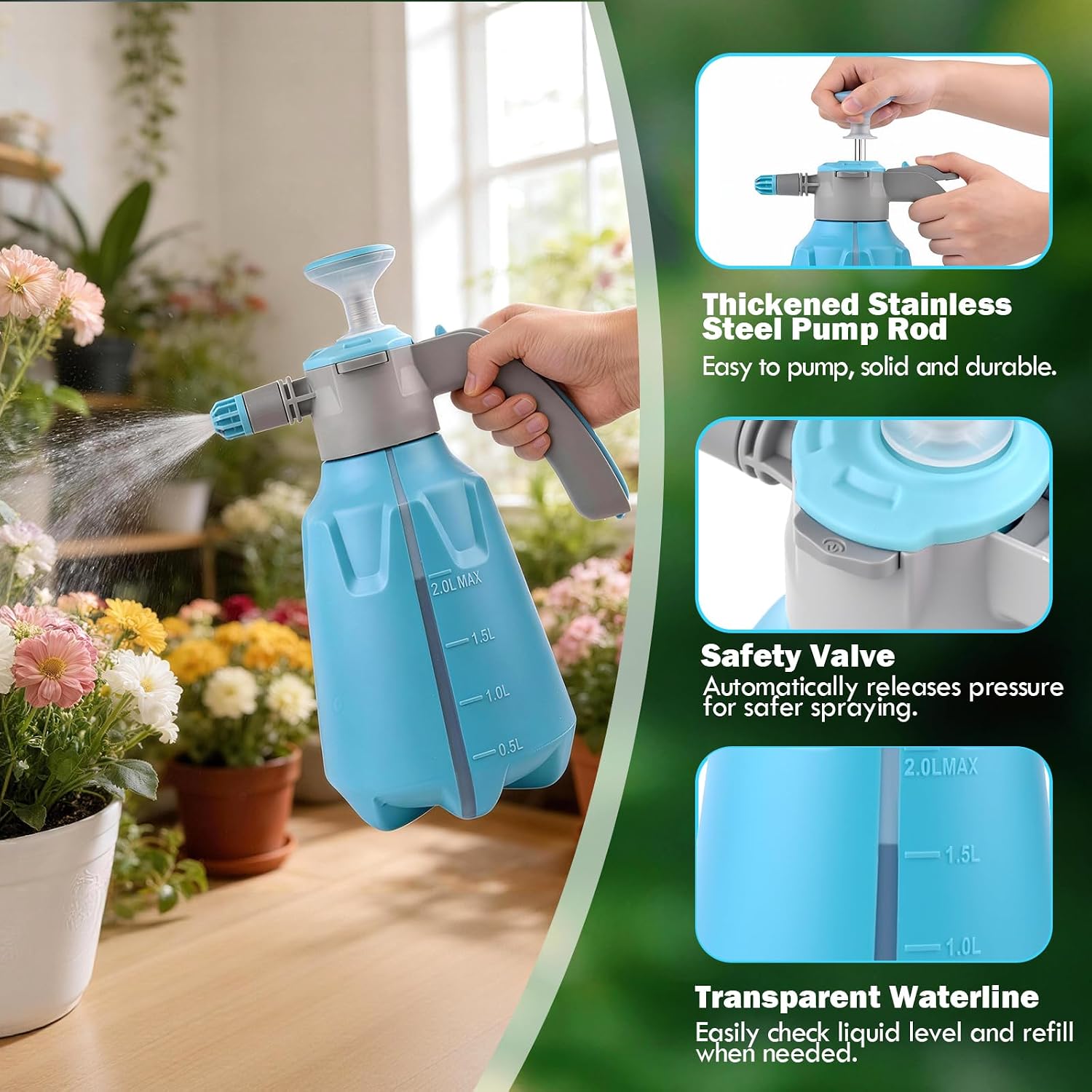 Hand Pump Sprayer 1/2 Gallon, Leak-Proof Plant Mister Spray Bottle | 2L Handheld Garden Pressure Sprayer, Lockable