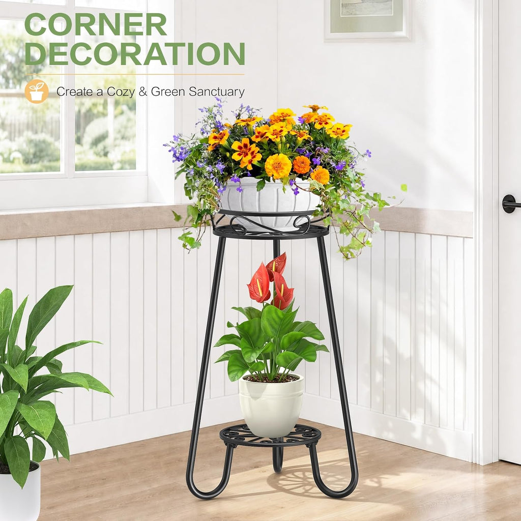 2 Tier 27.2 Inch Tall Corner Plant Stand Indoor Outdoor, Black 3 Leg | Metal Heavy Duty Flower Plant Shelf，Rustproof