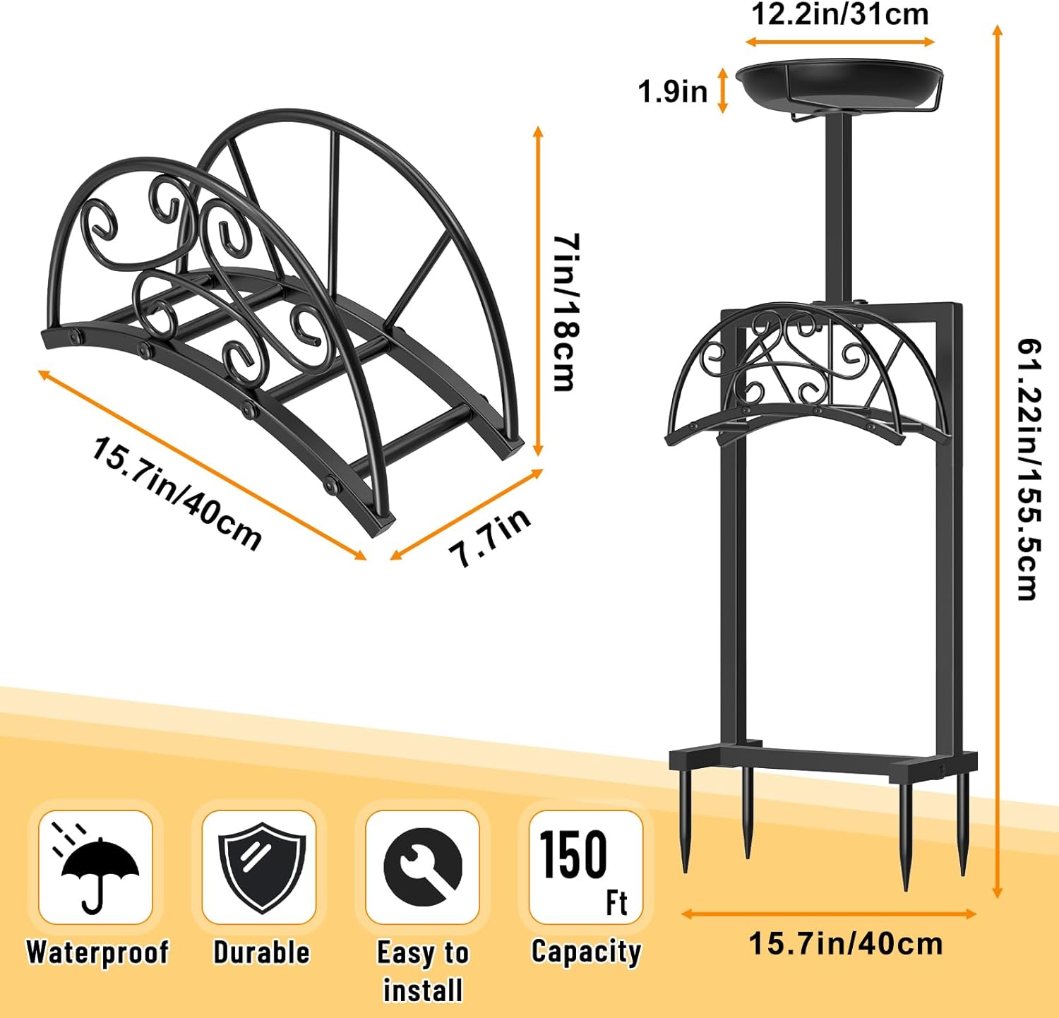 Garden Hose Holder Hanger Freestanding, Upgraded 4 Spikes Heavy Duty Storage Reel Stand with Bird Feeder Bowl, Holds