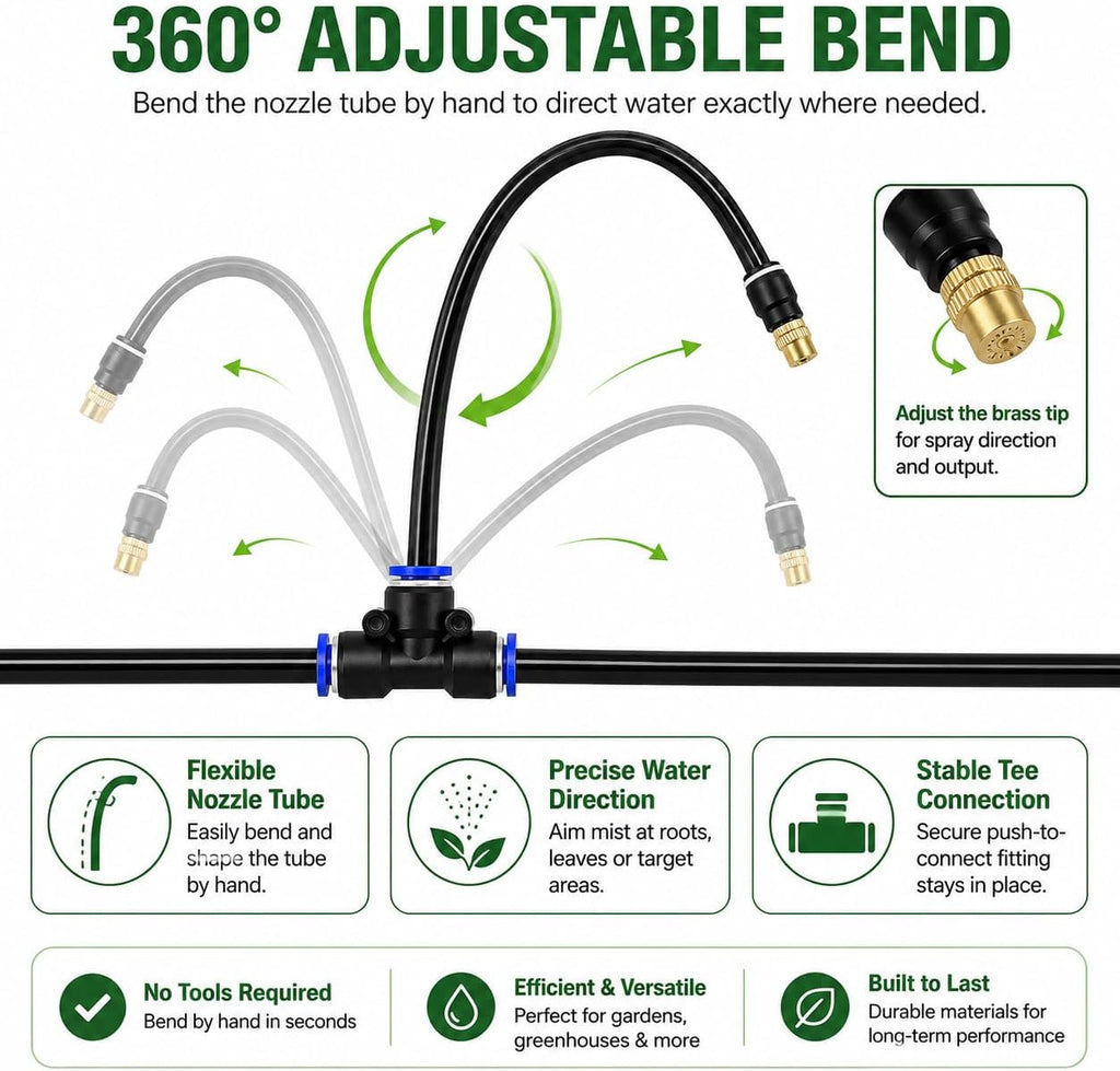 50FT 5/16" Garden Watering Kit with 16 Brass Nozzles | 16 brass nozzles, 5/16" tubing, brass faucet adapter