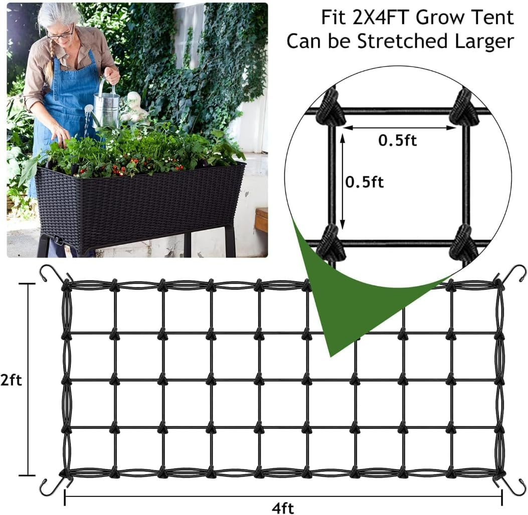 Grow Tent Trellis Netting 2x4 Ft, 6 Pack Heavy-Duty Elastic Plant Net | with Steel Hooks, Flexible Hydroponics Scrog