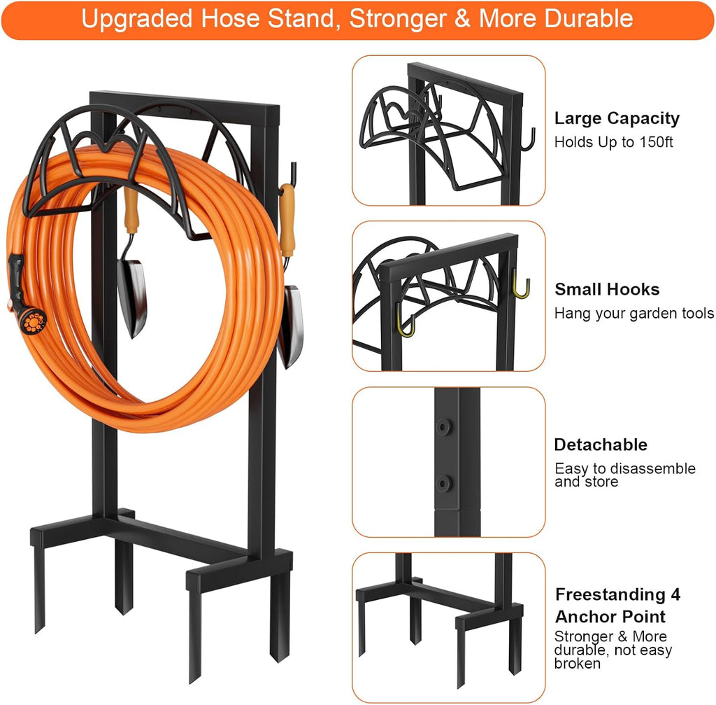 VyGrow Garden Hose Holder, Freestanding Heavy Duty Water Hose Holder for Outside, Upgraded Metal Hose Stand with 4