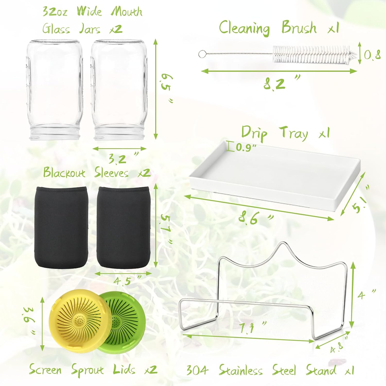 Seed Sprouting Kit - 2×32 Oz Wide-Mouth Mason Jars with Sprouter Lids, Stand, Sprout Tray & Light Shield, for Broccoli