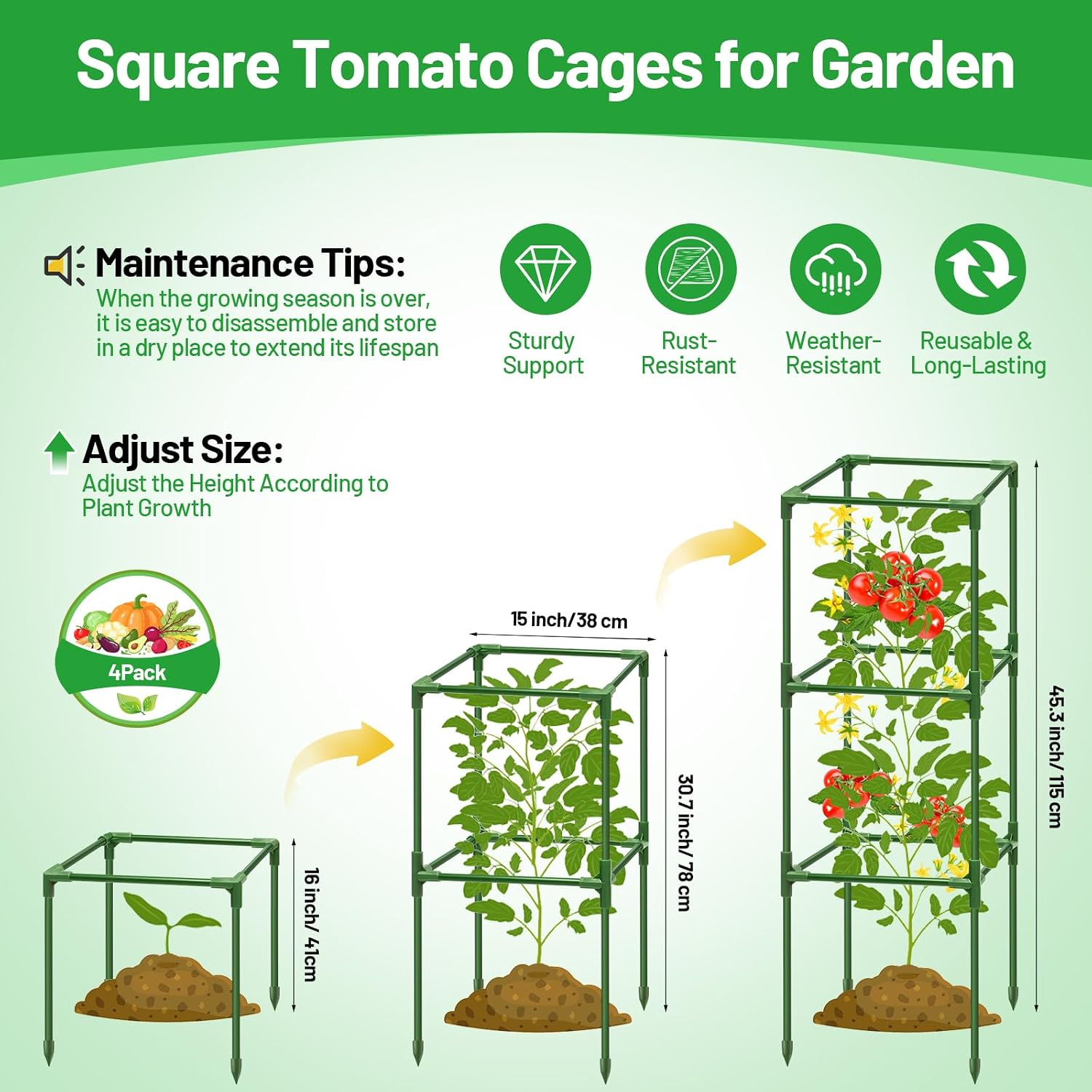 4 Pack 45 Inch Tomato Cages for Garden, Heavy Duty Tomato Trellis | Adjustable & Reusable Square Tomato Plant Support