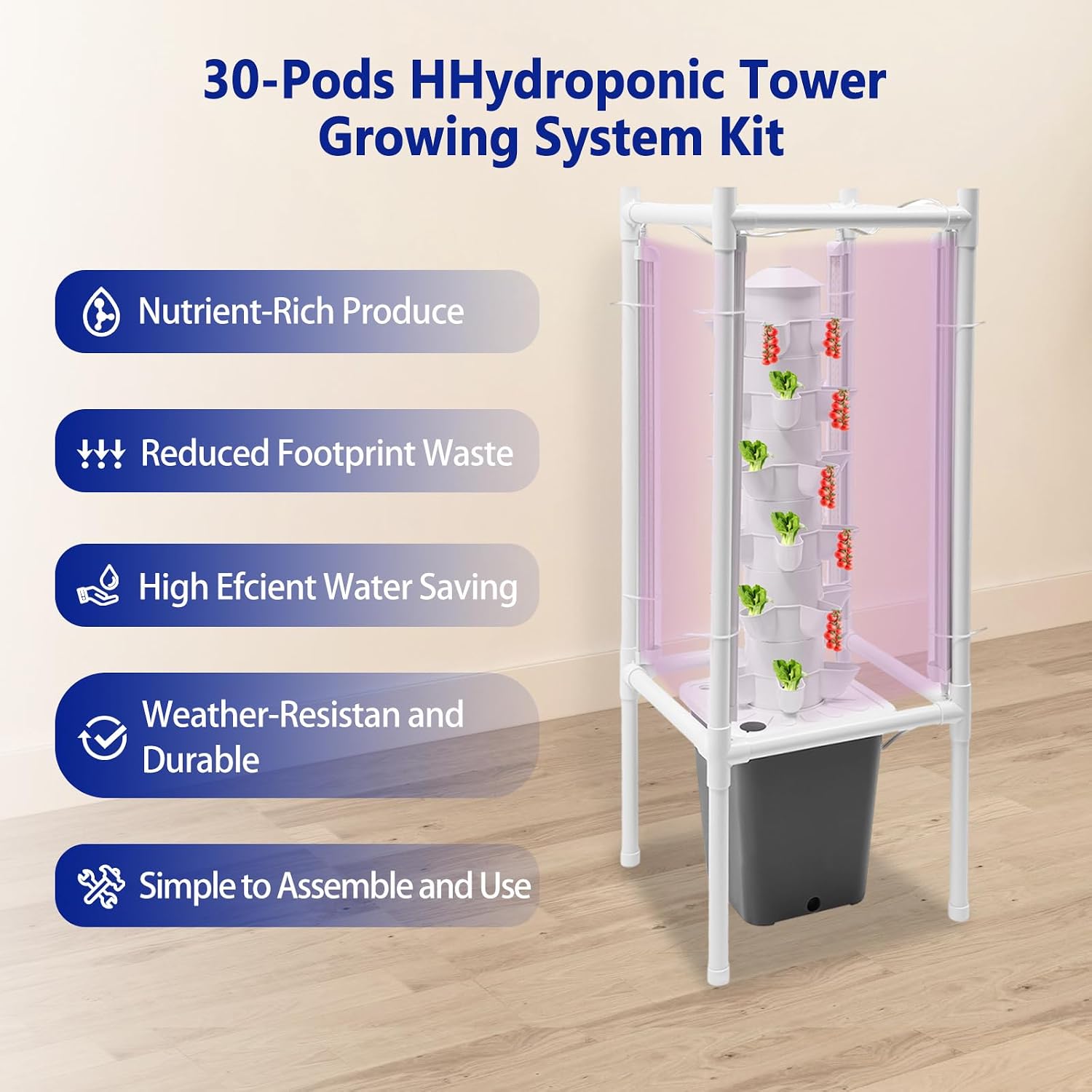 Hydroponic Tower Growing System Kits with LED Grow Lights 30 Pods Indoor Vertical Planter Germination Kit 6 Layers