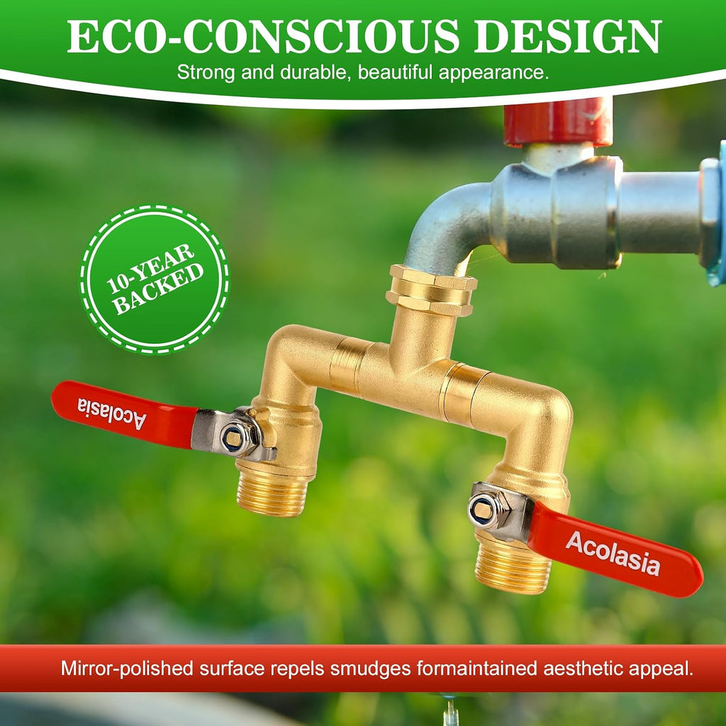 Hose Splitter 2 Way Heavy Duty Brass Garden Hose Splitter with 360° Rotatable, 304 Stainless Steel Long Handle Outdoor