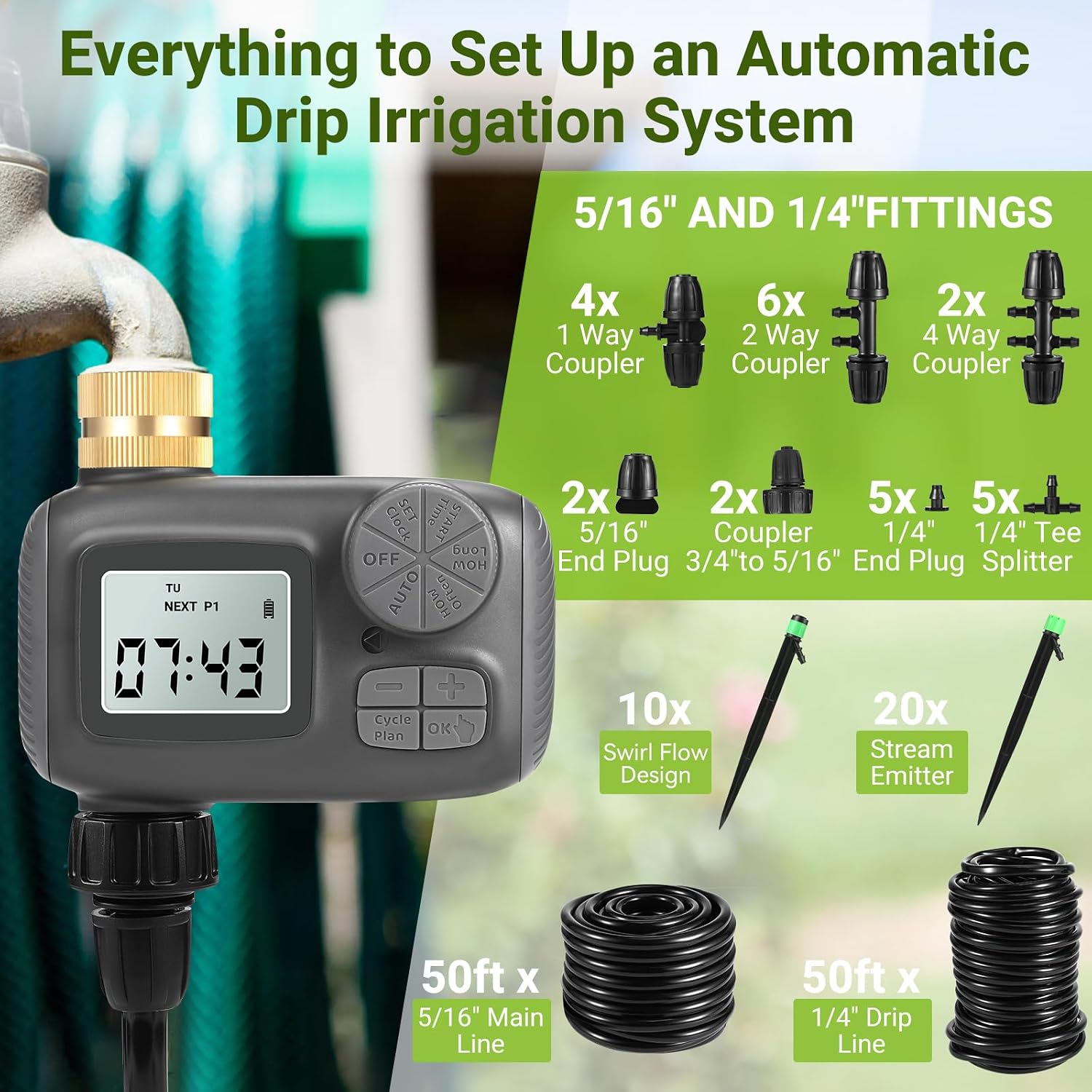 Smart Drip Irrigation System, Adjustable Timed Watering for Raised Beds & Potted Plants, Includes Leak-Resistant Tubing