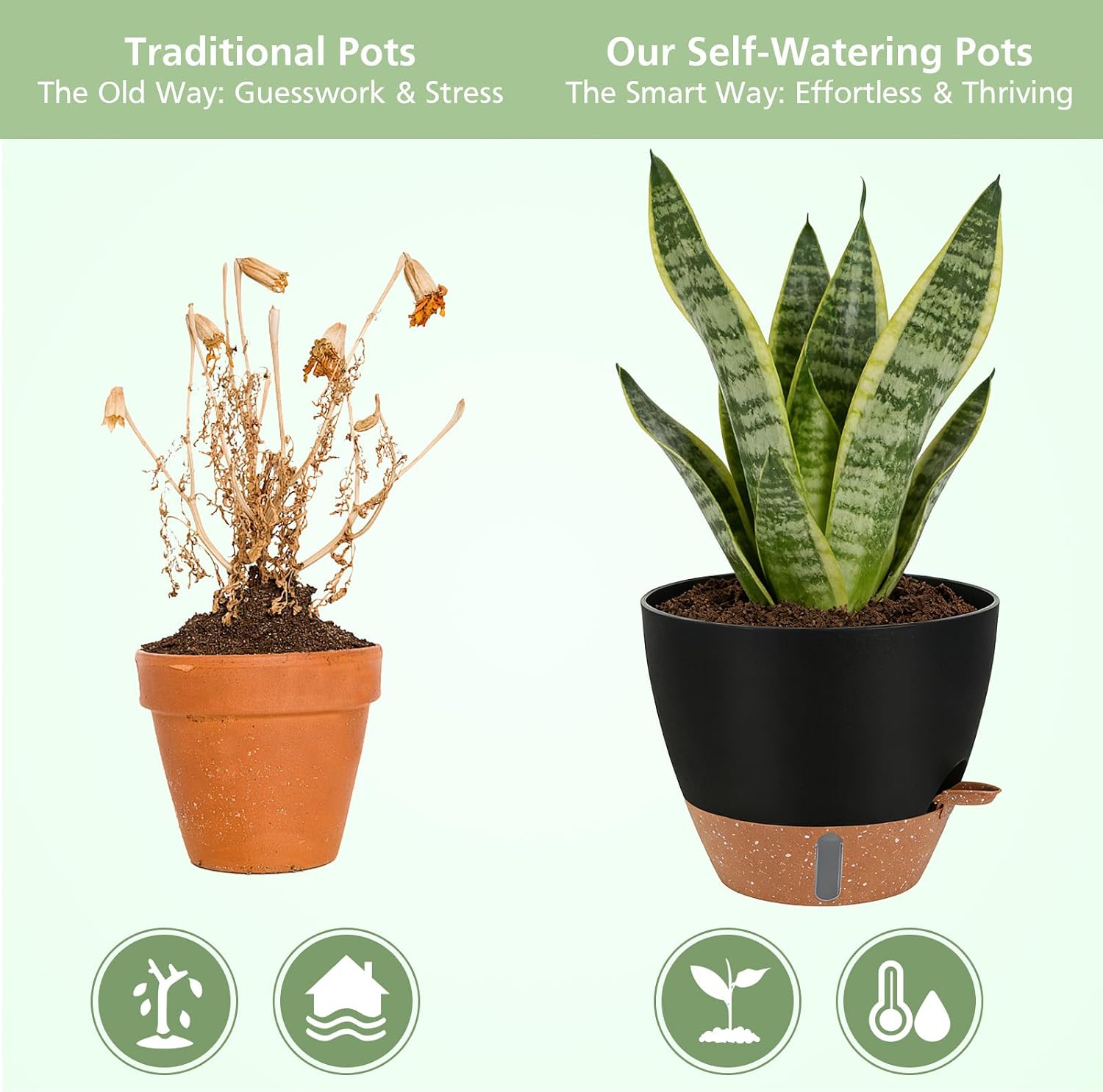 Self Watering Pots with Water Level Indicator, 12" 10" 9" 8" Large Plastic Flower Pots with Mesh Drainage Hole and